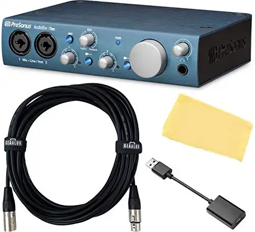 PreSonus AudioBox iTwo 2x2 USB Audio Interface Bundle with 10ft Gearlux XLR Cable, USB-C Adapter, and Austin Bazaar Polishing Cloth
